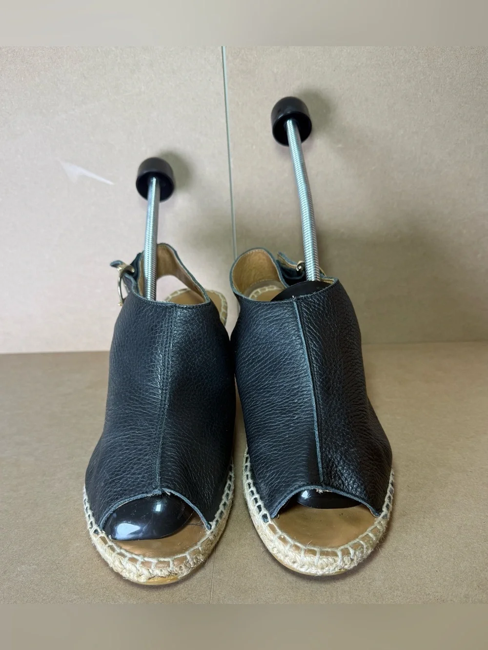 Maypol Black Leather Peep Toe Slingback Espadrille Sandals 3
